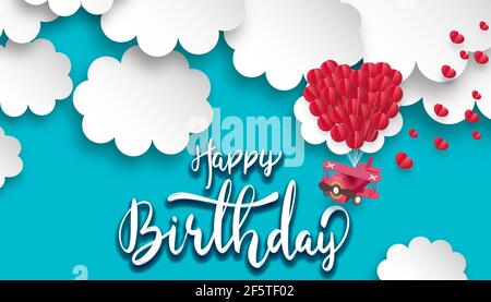 Happy Birthday calligraphy background with paper art of red air plane flying and scatter heart in the sky. Card design, 3d illustration. Stock Photo