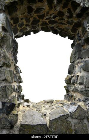 Medieval stone window isolated on white background. Stock Photo