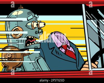 the robot passenger screams in fear. Dangerous driving on the road Stock Vector