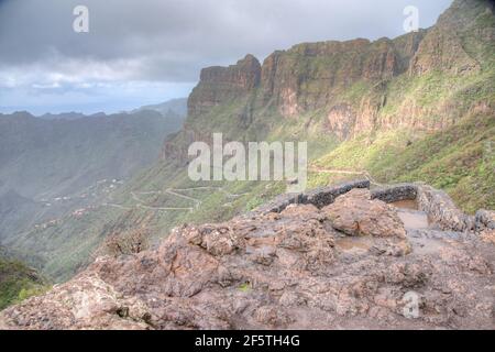 Ancient fort overlooking Masca village situated in a picturesque valley, Tenerife, Canary Islands, Spain. Stock Photo