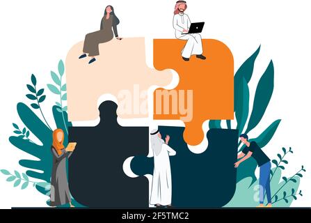 A puzzel showing team work unity, Arab team united, Saudi Arabian team working together Stock Vector