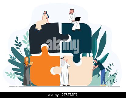 Business team putting together jigsaw puzzle isolated flat vector illustration. Cartoon partners working in connection. Teamwork, partnership and coop Stock Vector
