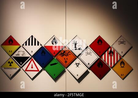 Hazardous symbols. Transportation of dangerous goods symbols and signs and logos. A collection of signs for transporting dangerous goods. Stock Photo