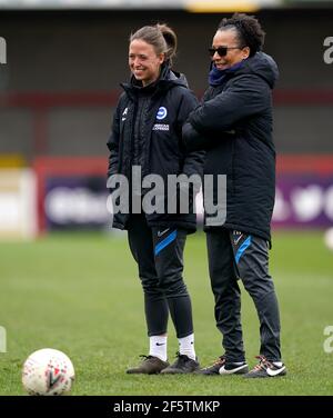 Brighton and Hove Albion manager Hope Powell (right) and assistant manager Amy Merricks prior to the beginning of the FA Women's Super League match at The People's Pension Stadium, Brighton. Picture date: Sunday March 28, 2021. Stock Photo