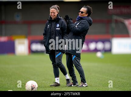 Brighton and Hove Albion manager Hope Powell (right) and assistant manager Amy Merricks prior to the beginning of the FA Women's Super League match at The People's Pension Stadium, Brighton. Picture date: Sunday March 28, 2021. Stock Photo