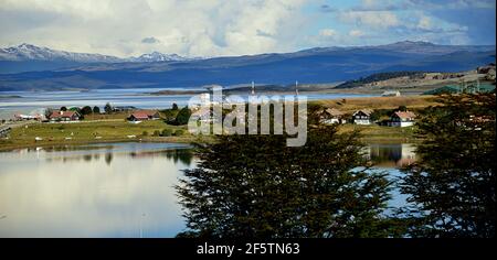 Ushuaia is an Argentine town located at the southern end of the country in the Tierra del Fuego, nicknamed 'the end of the world' Stock Photo