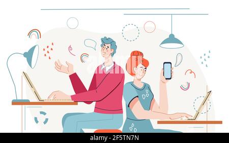 People talking and working at computers in space office, flat vector illustration isolated on white background. Office employees cartoon characters at Stock Vector