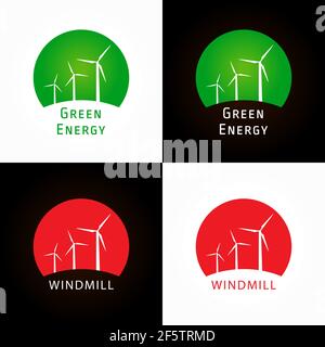 Green energy company logotype. Electrical, environmental, cleaned, industrial branding concept. Wind mills, turbines in sunset. Isolated branding logo Stock Vector