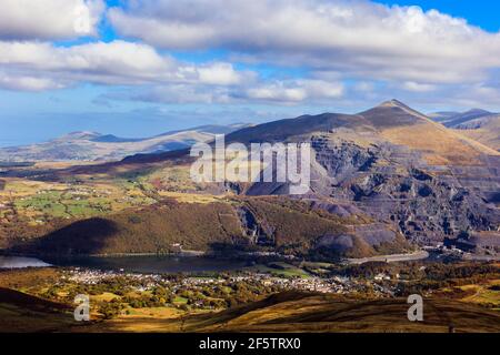 High view above village and Llyn Padarn below Elidir Fawr mountain and old disused Dinorwig slate quarry. Llanberis, Gwynedd, North Wales, UK, Britain Stock Photo