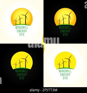 Green energy system logotype. Electrical, environmental, cleaned, industrial branding concept. Wind mills, turbines in sunset. Isolated branding logo Stock Vector