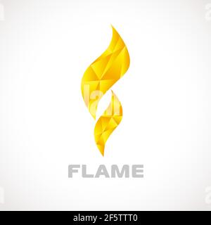 Stained-glass fire logotype. Fiery, burning, flaming torch, flames elements. Sports gold colored sign. Competitions, electrical or industrial icon. Br Stock Vector