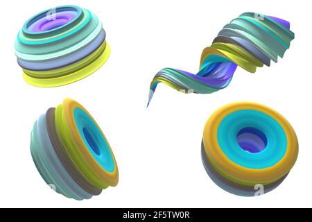 Sets of 3D abstract ring model and spiral with color lines on the white  background. Stock Photo