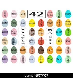42 Easter words on eggs set. Multi-colored eggs. Group of popular words Happy Easter. Christ's day inscriptions. Festive templates bundle. Jesus Stock Vector