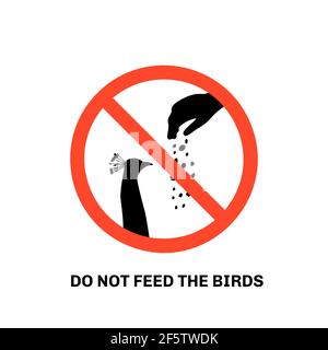 Prohibition sign with text do not feed the birds and hand silhouette giving food to peacock Stock Vector