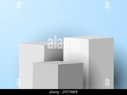 3D realistic white pedestal rectangular box studio room with light product shelf on soft blue background. Vector illustration Stock Vector