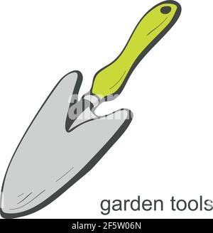Garden planting scoop in doodle style on white background. Garden tools. Vector illustration Stock Vector