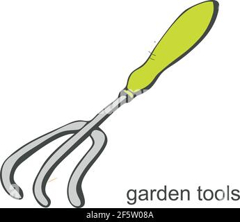 Garden small rake in doodle style on white background. Vector illustration Stock Vector