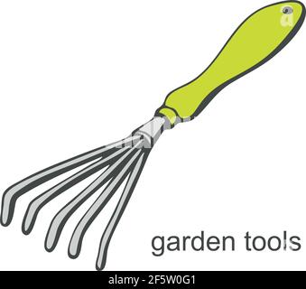 Garden small rake in doodle style on white background. Vector illustration Stock Vector