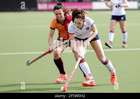 EINDHOVEN, NETHERLANDS - MARCH 28: Marlena Rybacha of Oranje Rood and Mare Agterberg of SCHC during the Women's Hoofdklasse Hockey - 2020/21 Season ma Stock Photo