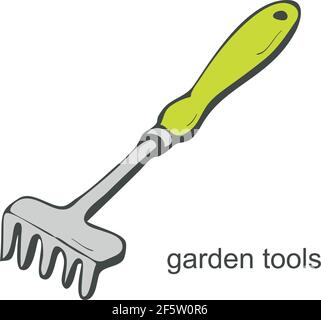 Garden small rake in doodle style on white background. Vector illustration Stock Vector