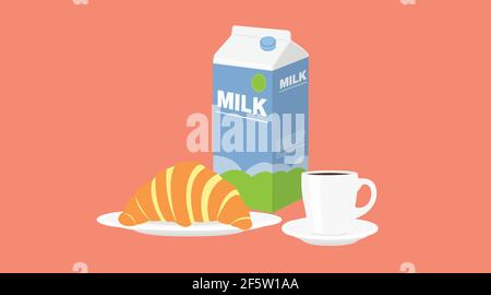 Breakfast Icon. Vector isolated illustration of a milk box, a croissant and a cup of coffee Stock Vector