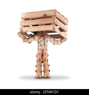 Think outside the box concept with a box character and his head inside a wooden crate. Isolated on a white background Stock Photo