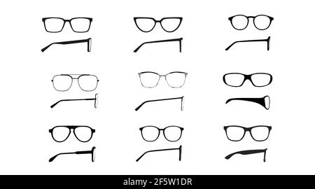 Vector isolated Illustration of a Glasses Frame Set. Set of Black glasses Frame Front and Side View Stock Vector