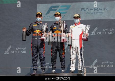Podium, Lawson Liam (nzl), Hitech Grand Prix, Dallara F2, during the 1st round of the 2021 FIA Formula 2 Championship from March 26 to 28, 2021 on the Bahrain International Circuit, in Sakhir, Bahrain - Photo Frédéric Le Floc?h / DPPI Stock Photo