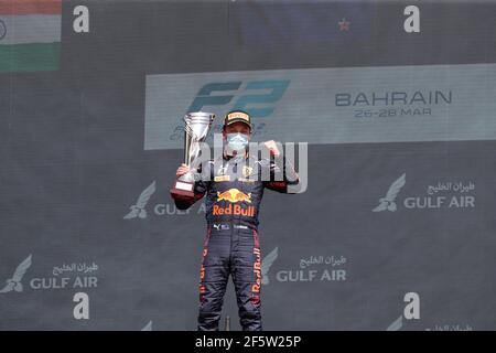 Podium, Lawson Liam (nzl), Hitech Grand Prix, Dallara F2, during the 1st round of the 2021 FIA Formula 2 Championship from March 26 to 28, 2021 on the Bahrain International Circuit, in Sakhir, Bahrain - Photo Frédéric Le Floc?h / DPPI Stock Photo