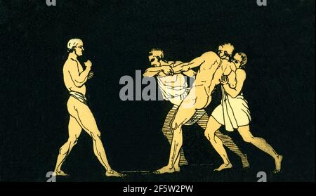 This 1880s illustration accompanied a book on Homer and his epics, the Iliad and the Odyssey. It shows the scene in the Odyssey when Odysseus (also spelled Ulysses) prepares to fight the beggar Irus. Odysseus' fight with Irus, who also known as Arnaios, is meant, first, to exhibit Odysseus's fairness to an obnoxious challenger. Second, it is mean to show that the suitors have no regard for the concept of xenia—hospitality to strangers—no matter what their station in life may be. Stock Photo