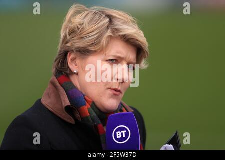 BT Sport presenter Clare Balding before the FA Women's Super League match at Kingsmeadow, London. Picture date: Sunday March 28, 2021. Stock Photo
