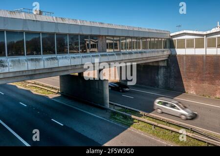 Concrete bridge carrying services over the M2 motorway at the Moto Medway services near Farthing Corner. Stock Photo