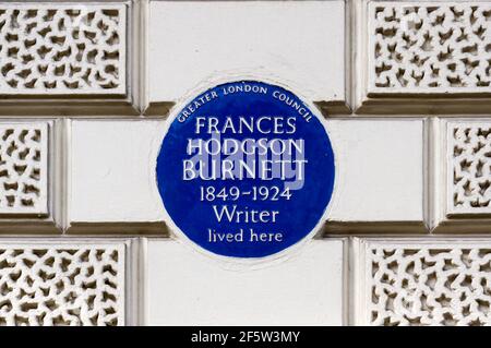 A blue plaque on the house in Portland Place that was once occupied by the author Frances Hodgson Burnett. Stock Photo