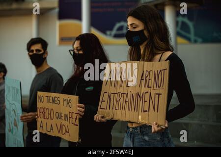 Barcelona, Spain. 28th Mar, 2021. Animal activists with their placards protest for animal rights in front of the Aquarium in Barcelona's Port Vell Credit: Matthias Oesterle/Alamy Live News Stock Photo