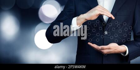 Businessman pressing button virtual interface. Stock Photo