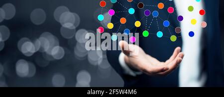 Businessman pressing button virtual interface. Stock Photo