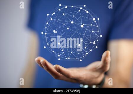 businessman touching virtual screen with cyber icon Stock Photo
