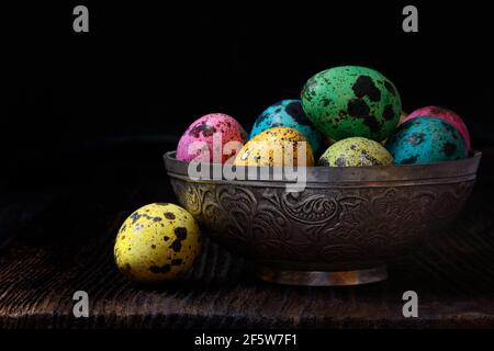 Coloured quail eggs in shell, Easter eggs, Germany Stock Photo