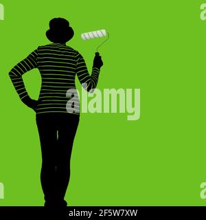Silhouette of woman with paint roller brush. Fun, green image in matching striped clothes. Home painting, decorating. Stock Photo