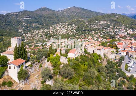 Aerial view Tourrette-Levens, old town with castle, in the hinterland of Nice, Departement Alpes-Maritimes, Region Provence-Alpes-Cote d'Azur, South Stock Photo