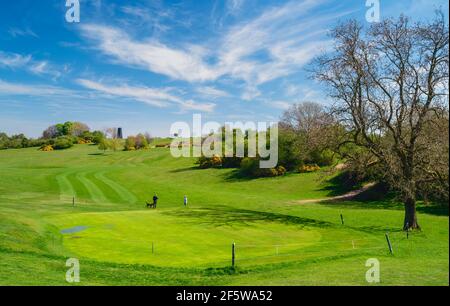 Golf course  in spring under blue sky and bright sunlight in Beverly, Yorkshire, UK. Stock Photo