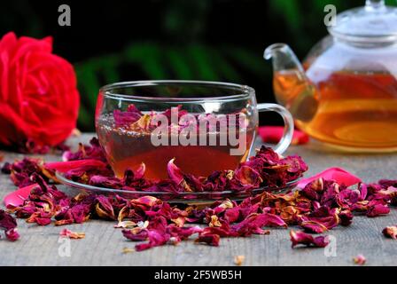 Cup rose tea and dried rose petal tea, rose petal tea Stock Photo