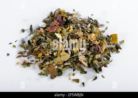Cardiovascular tea, mistletoe leaves, hawthorn leaves, stinging nettle, valerian, hibiscus flower, lavender (Viscum album) (Crataegus monogyna) Stock Photo