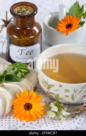 Menstrual cramps tea, calendula (Calendula officinalis), lady's mantle,  goose cinquefoil, lemon balm leaves, lemon balm, peppermint leaves Stock  Photo - Alamy