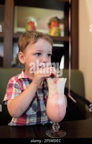 The boy drinks milkshake in the cafe Stock Photo