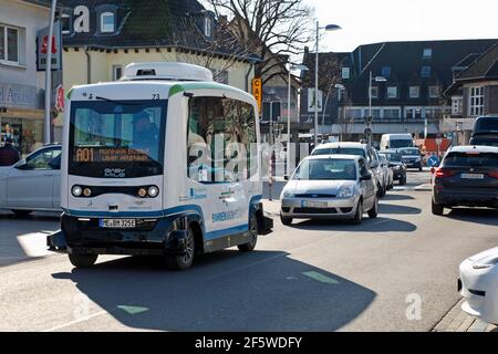 Autonomously driving electric bus in road traffic, Monheim am Rhein, North Rhine-Westphalia, Germany Stock Photo