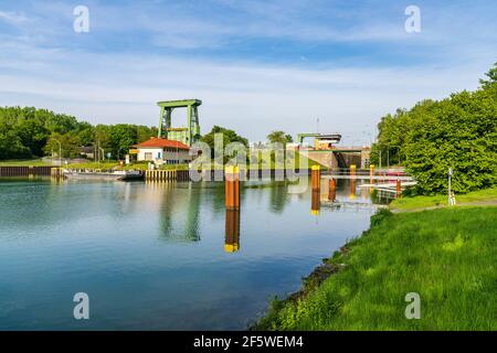 Dorsten, North Rhine-Westphalia, Germany - May 07, 2020: The Dorsten Sluice and the Wesel-Datteln Canal Stock Photo