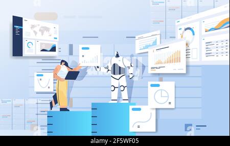 robot with businesswoman analyzing statistics graphs financial data analyzing artificial intelligence technology Stock Vector