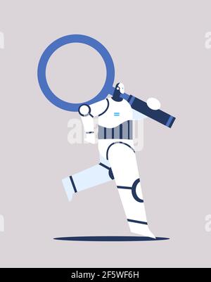 cute robot with magnifying glass modern robotic character artificial intelligence technology exploration Stock Vector