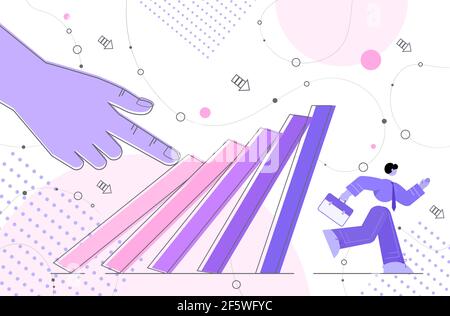 businessman running away from falling domino effect crisis management chain reaction finance intervention concept Stock Vector